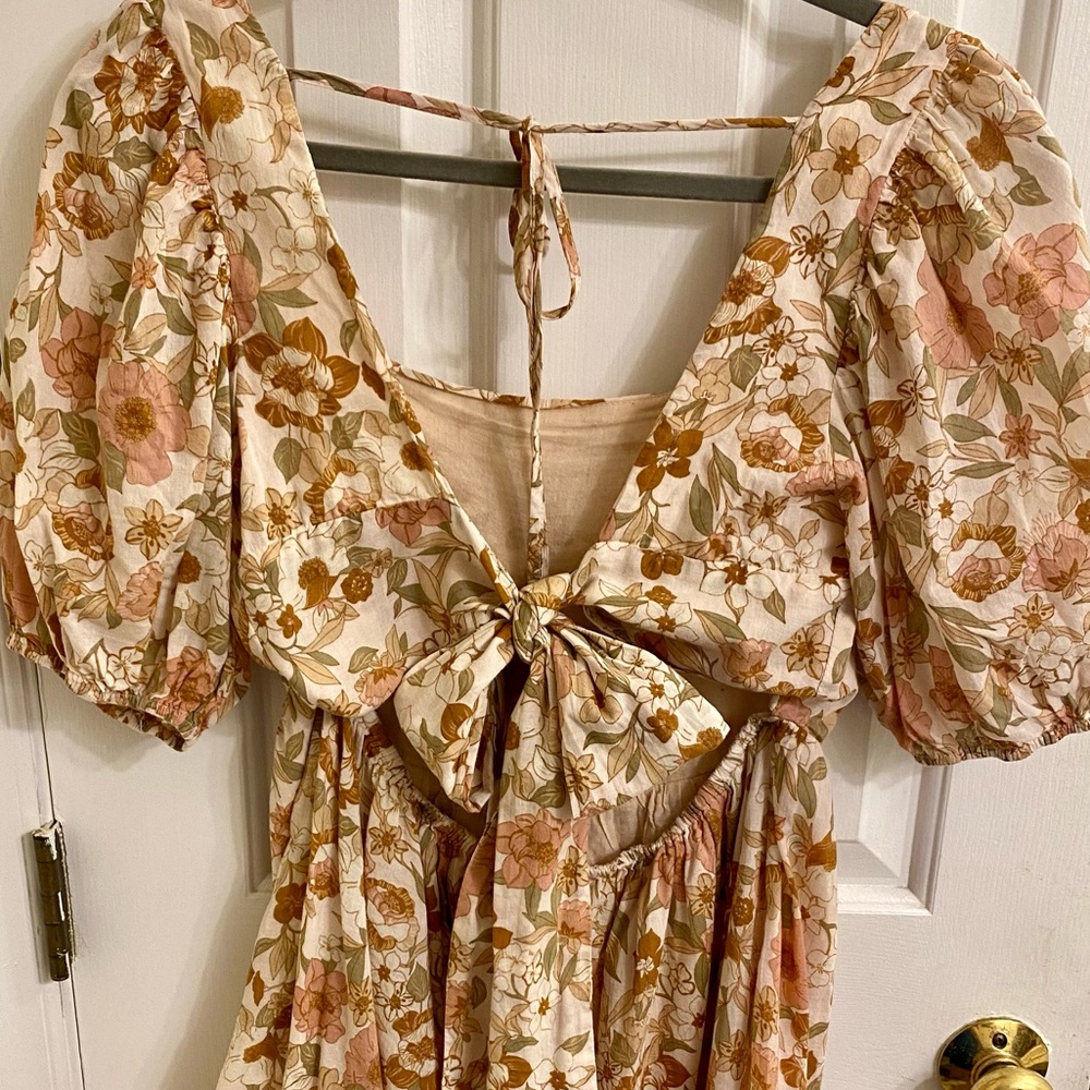 DRESS FORUM BOHO FLORAL MINI DRESS PUFF SLEEVES AND BOW COASTAL COWGIRL LARGE - Picture 15 of 16